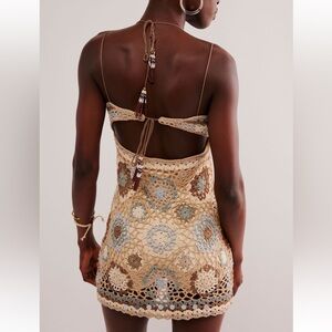 Free People Sand Bar Crochet Granny Square Open Tie Back Bodysuit Mini Dress